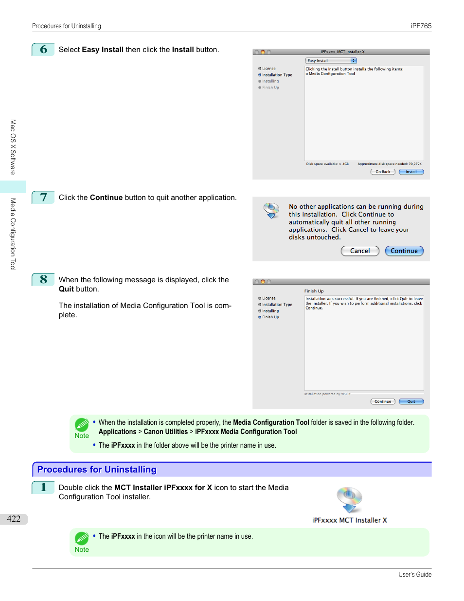 Procedures for uninstalling | Canon imagePROGRAF iPF765 MFP M40 User Manual | Page 422 / 740