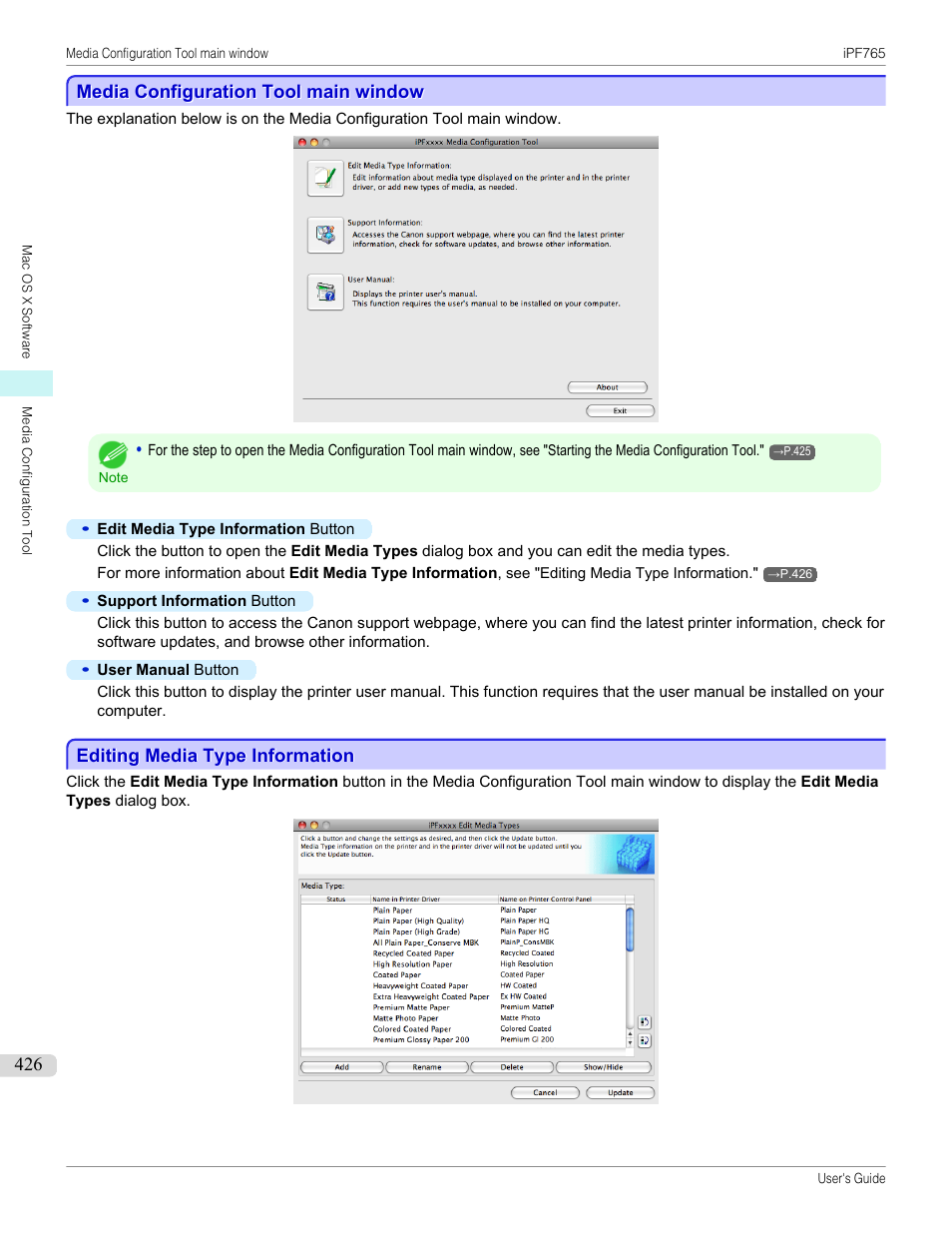 Media configuration tool main window, Editing media type information | Canon imagePROGRAF iPF765 MFP M40 User Manual | Page 426 / 740