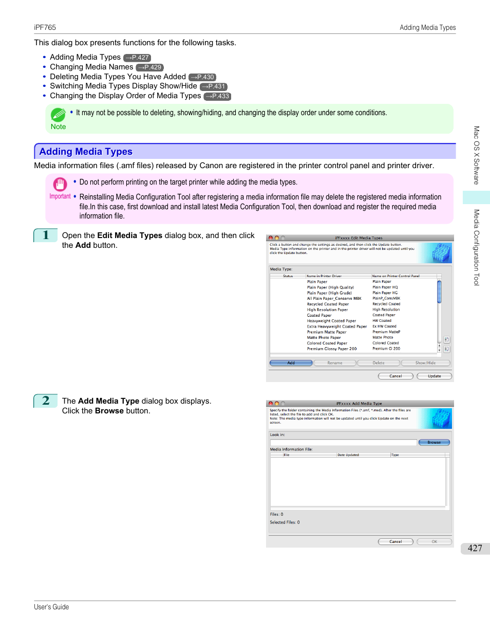 Adding media types | Canon imagePROGRAF iPF765 MFP M40 User Manual | Page 427 / 740