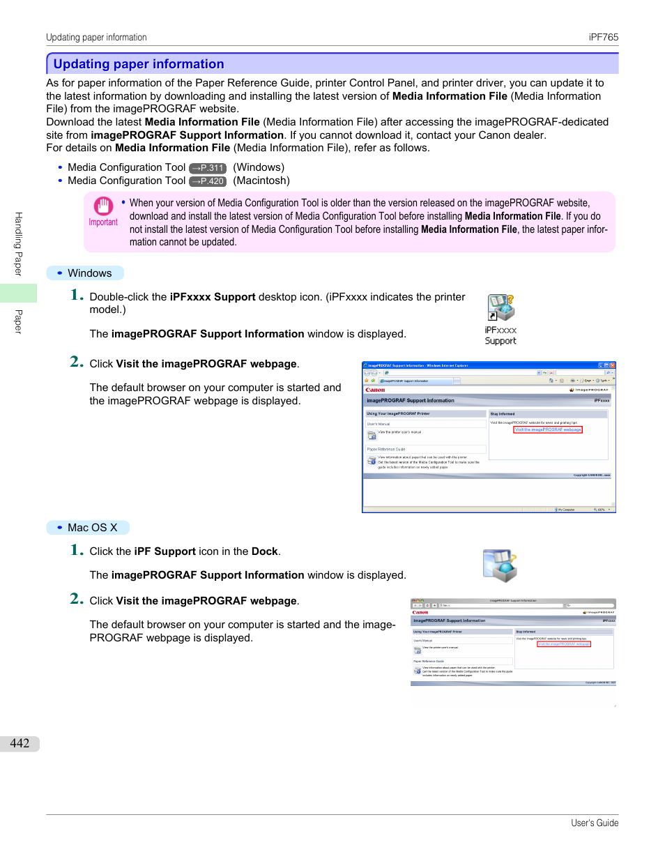 Updating paper information, Tool. (see "updating paper information."), P.442 | Canon imagePROGRAF iPF765 MFP M40 User Manual | Page 442 / 740