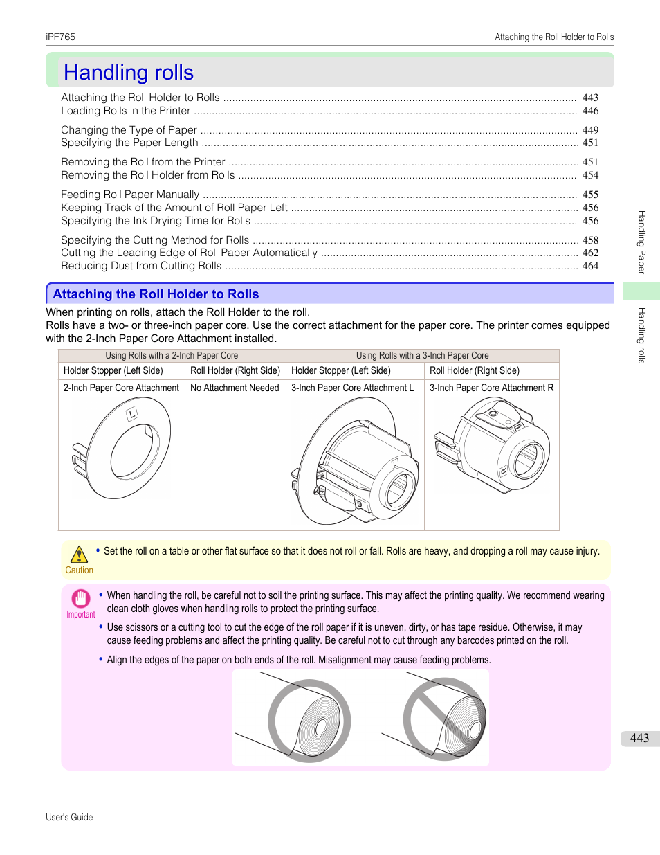 Handling rolls, Attaching the roll holder to rolls, P.443 | Canon imagePROGRAF iPF765 MFP M40 User Manual | Page 443 / 740