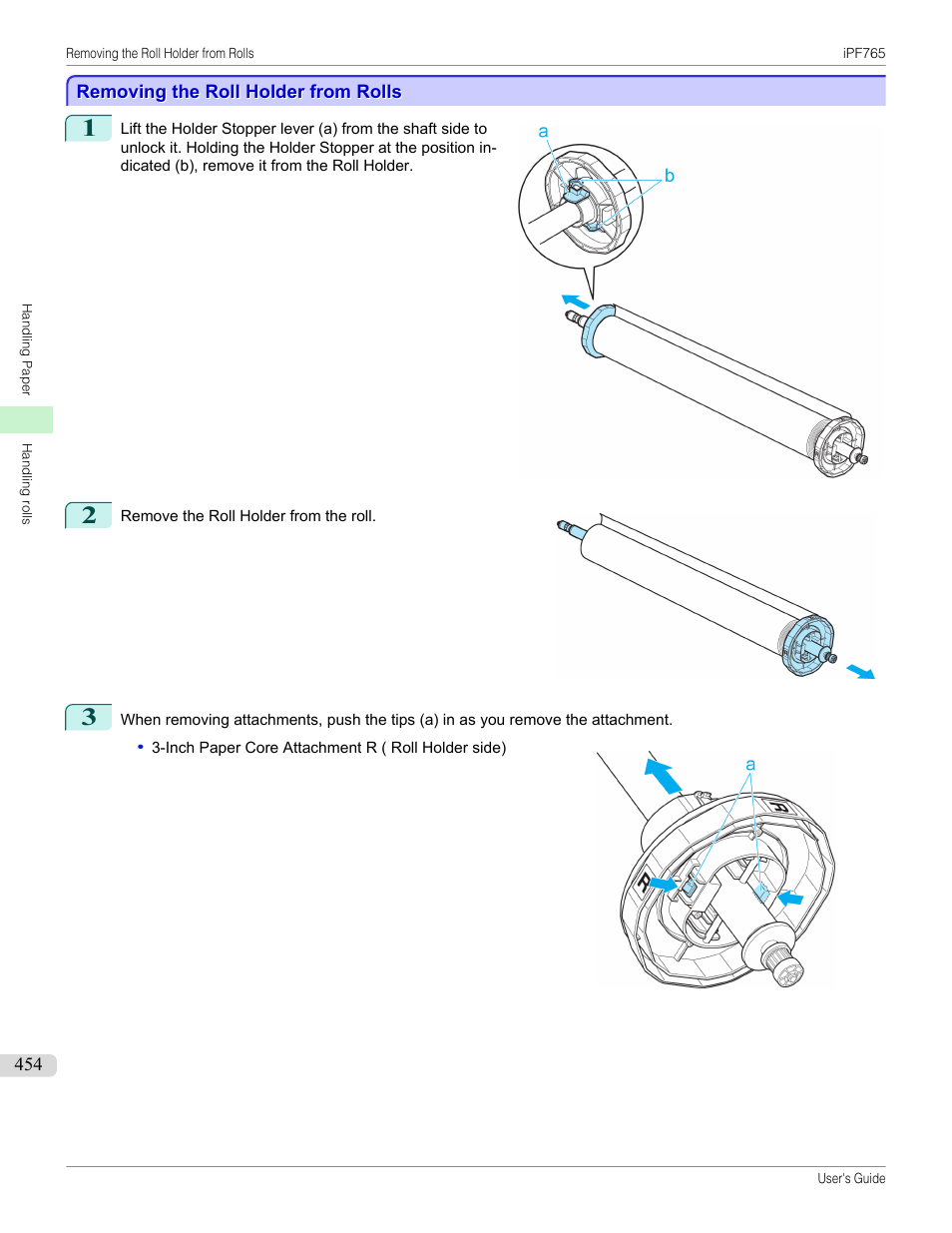 Removing the roll holder from rolls, P.454 | Canon imagePROGRAF iPF765 MFP M40 User Manual | Page 454 / 740