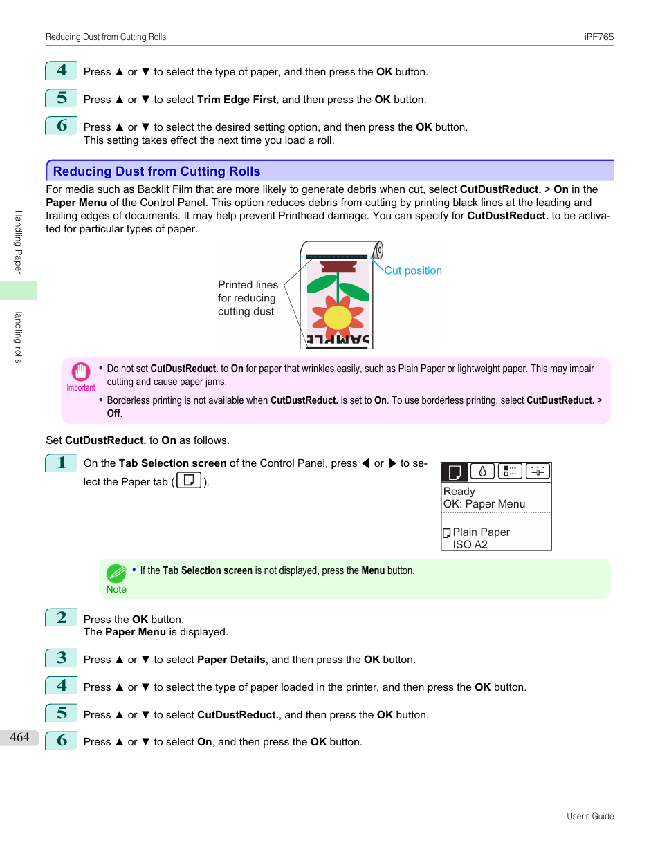 Reducing dust from cutting rolls | Canon imagePROGRAF iPF765 MFP M40 User Manual | Page 464 / 740