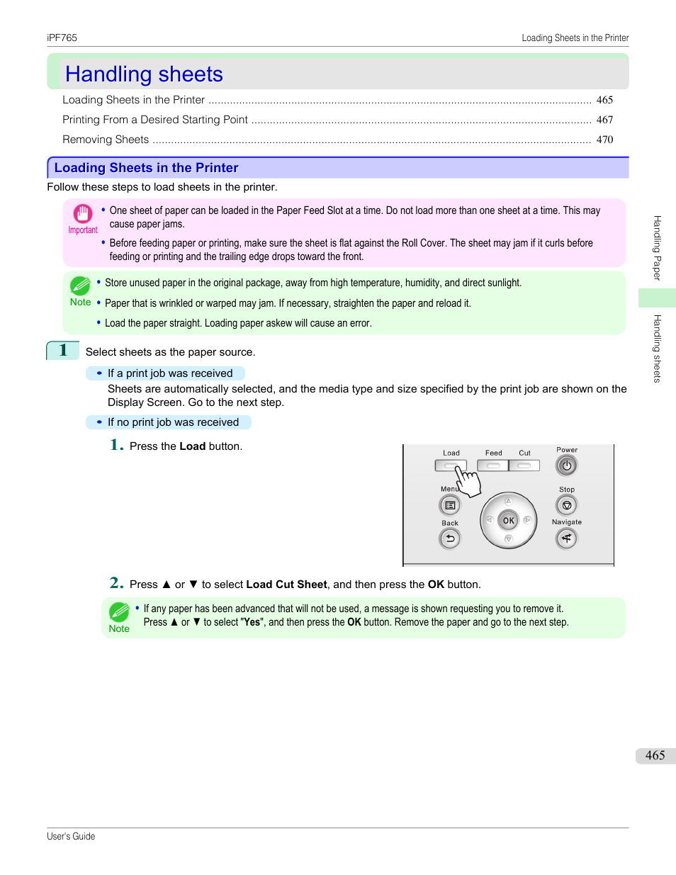 Handling sheets, Loading sheets in the printer | Canon imagePROGRAF iPF765 MFP M40 User Manual | Page 465 / 740