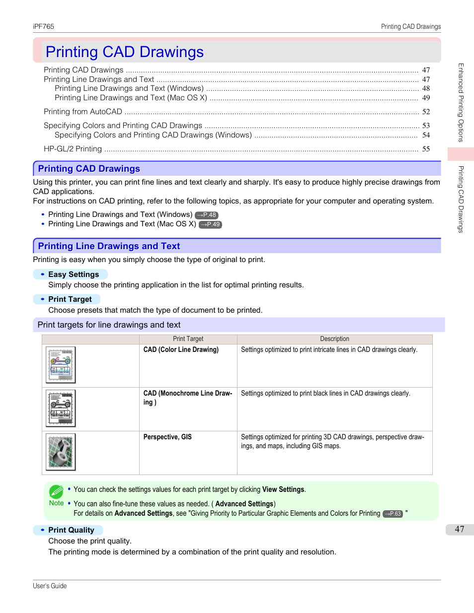 Printing cad drawings, Printing line drawings and text | Canon imagePROGRAF iPF765 MFP M40 User Manual | Page 47 / 740