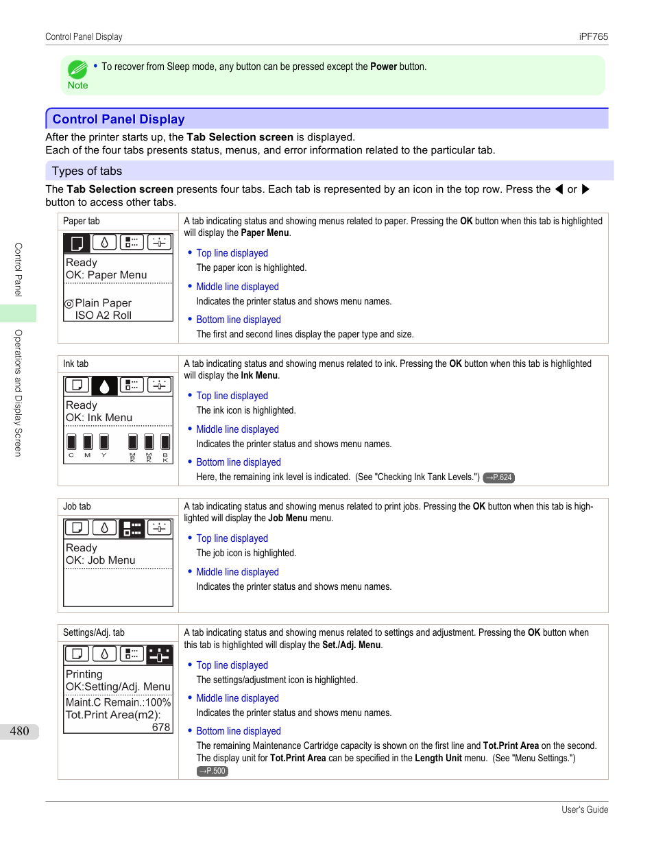 Control panel display | Canon imagePROGRAF iPF765 MFP M40 User Manual | Page 480 / 740