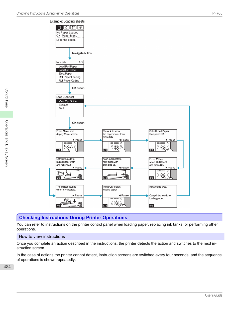 Checking instructions during printer operations | Canon imagePROGRAF iPF765 MFP M40 User Manual | Page 484 / 740