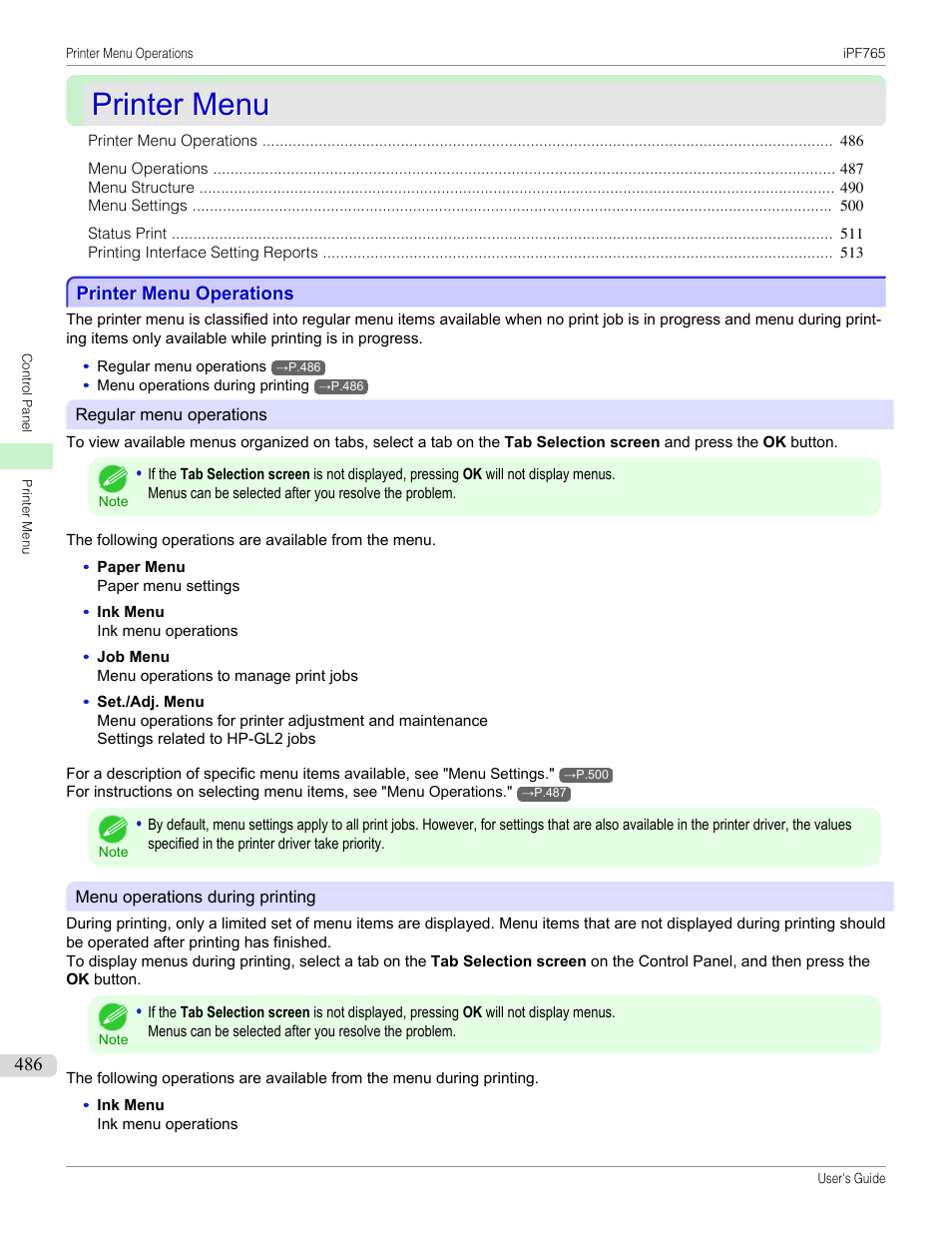 Printer menu, Printer menu operations | Canon imagePROGRAF iPF765 MFP M40 User Manual | Page 486 / 740