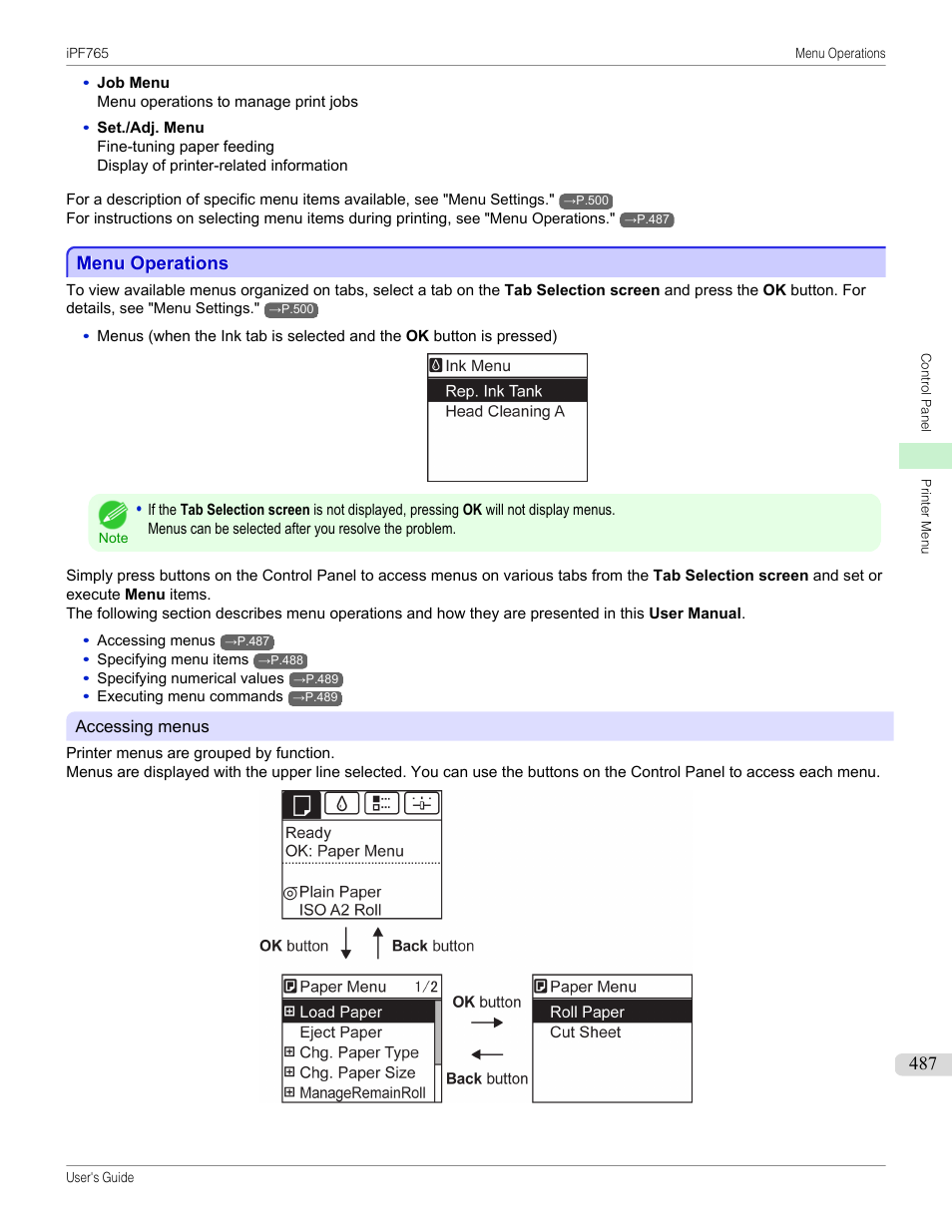 Menu operations, See "menu operations, P.487 | Canon imagePROGRAF iPF765 MFP M40 User Manual | Page 487 / 740