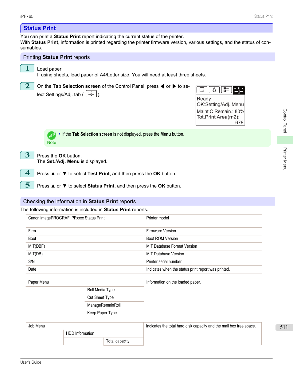 Status print | Canon imagePROGRAF iPF765 MFP M40 User Manual | Page 511 / 740