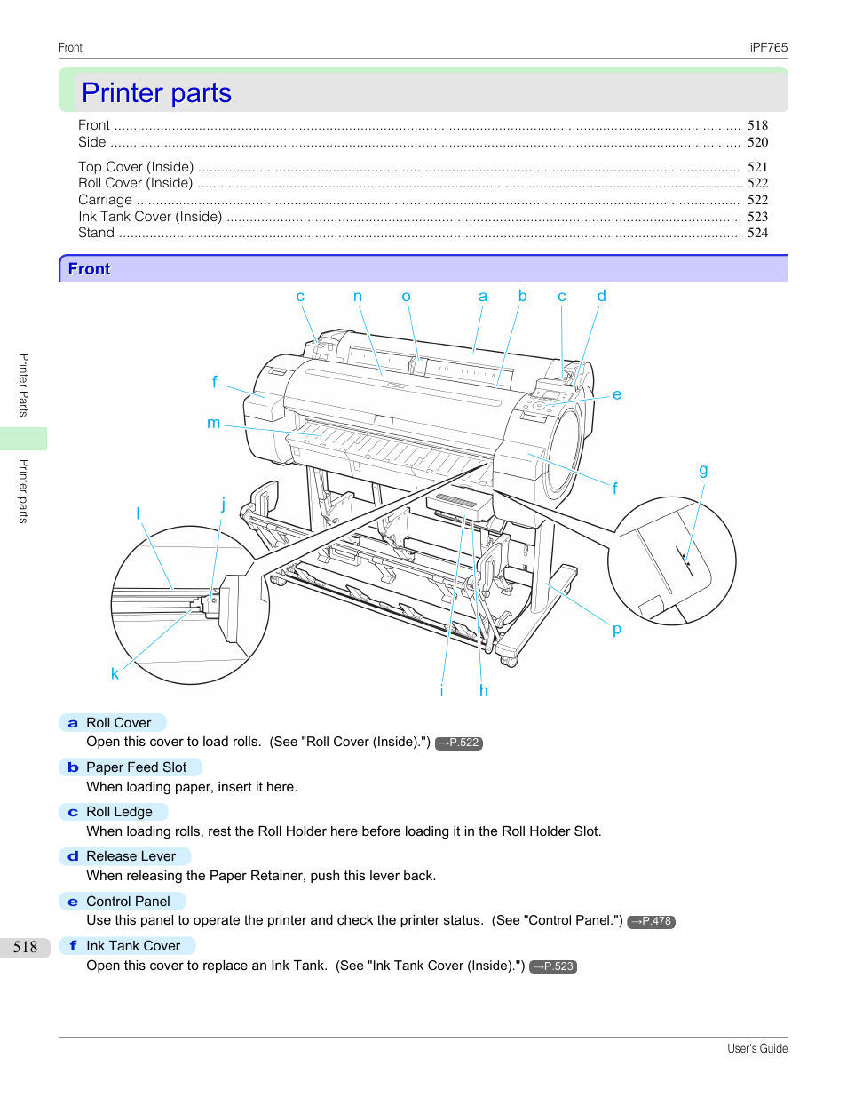 Printer parts, Front | Canon imagePROGRAF iPF765 MFP M40 User Manual | Page 518 / 740