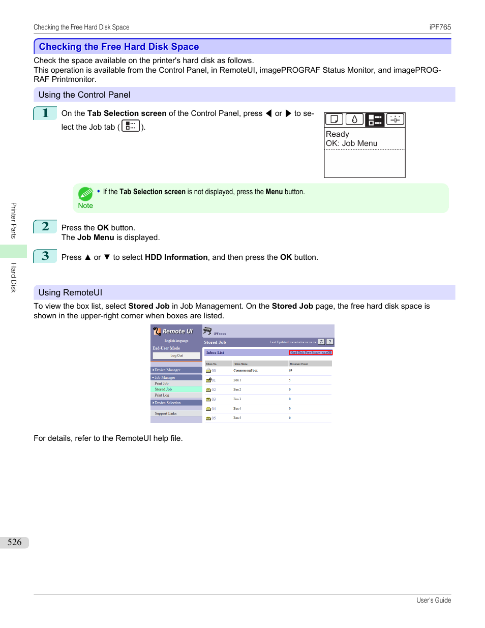 Checking the free hard disk space | Canon imagePROGRAF iPF765 MFP M40 User Manual | Page 526 / 740
