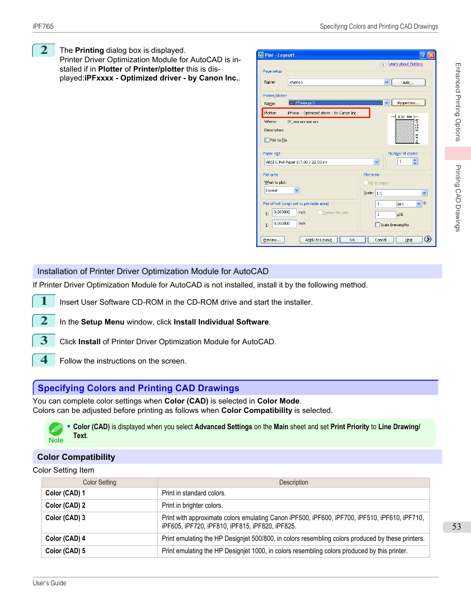 Specifying colors and printing cad drawings | Canon imagePROGRAF iPF765 MFP M40 User Manual | Page 53 / 740