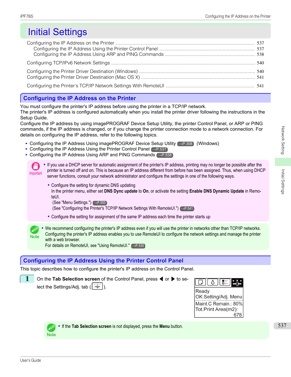 Initial settings, Configuring the ip address on the printer, P.537 | Canon imagePROGRAF iPF765 MFP M40 User Manual | Page 537 / 740