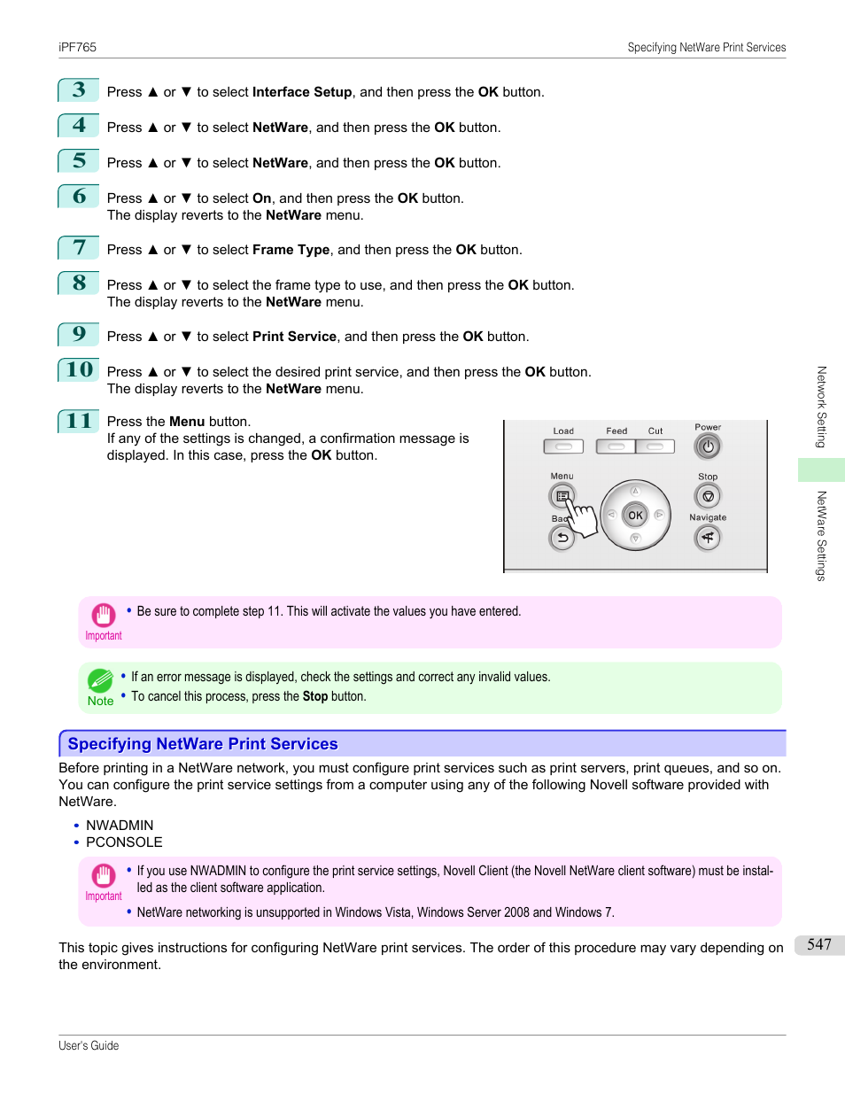 Specifying netware print services, See "specifying netware print services, P.547 | Canon imagePROGRAF iPF765 MFP M40 User Manual | Page 547 / 740