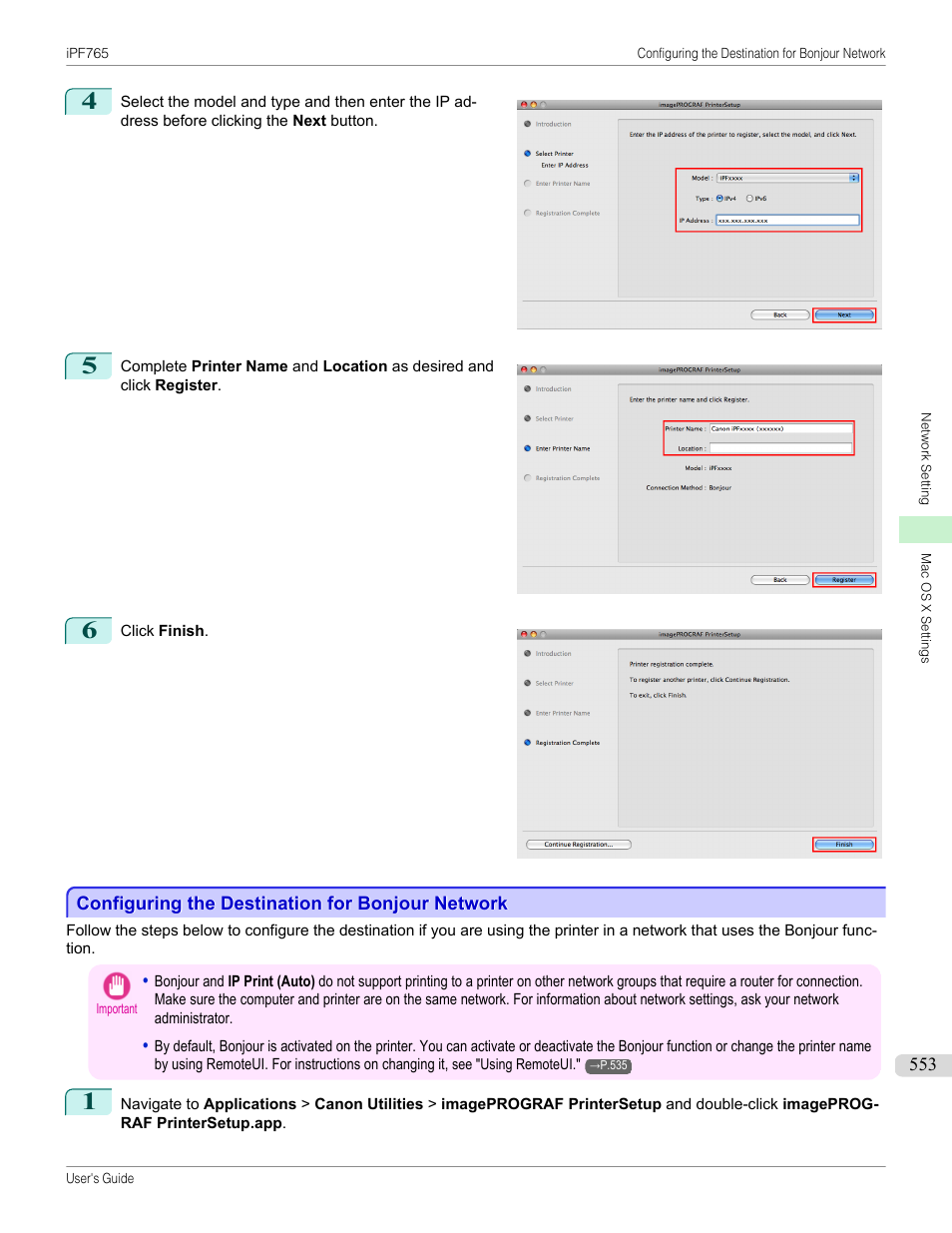 Configuring the destination for bonjour network, P.553 | Canon imagePROGRAF iPF765 MFP M40 User Manual | Page 553 / 740