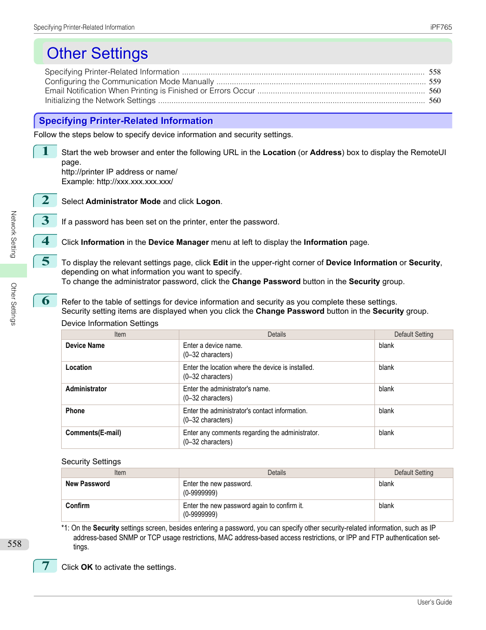 Other settings, Specifying printer-related information, P.558 | Canon imagePROGRAF iPF765 MFP M40 User Manual | Page 558 / 740