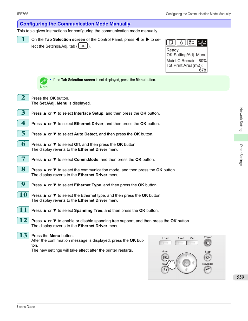 Configuring the communication mode manually | Canon imagePROGRAF iPF765 MFP M40 User Manual | Page 559 / 740