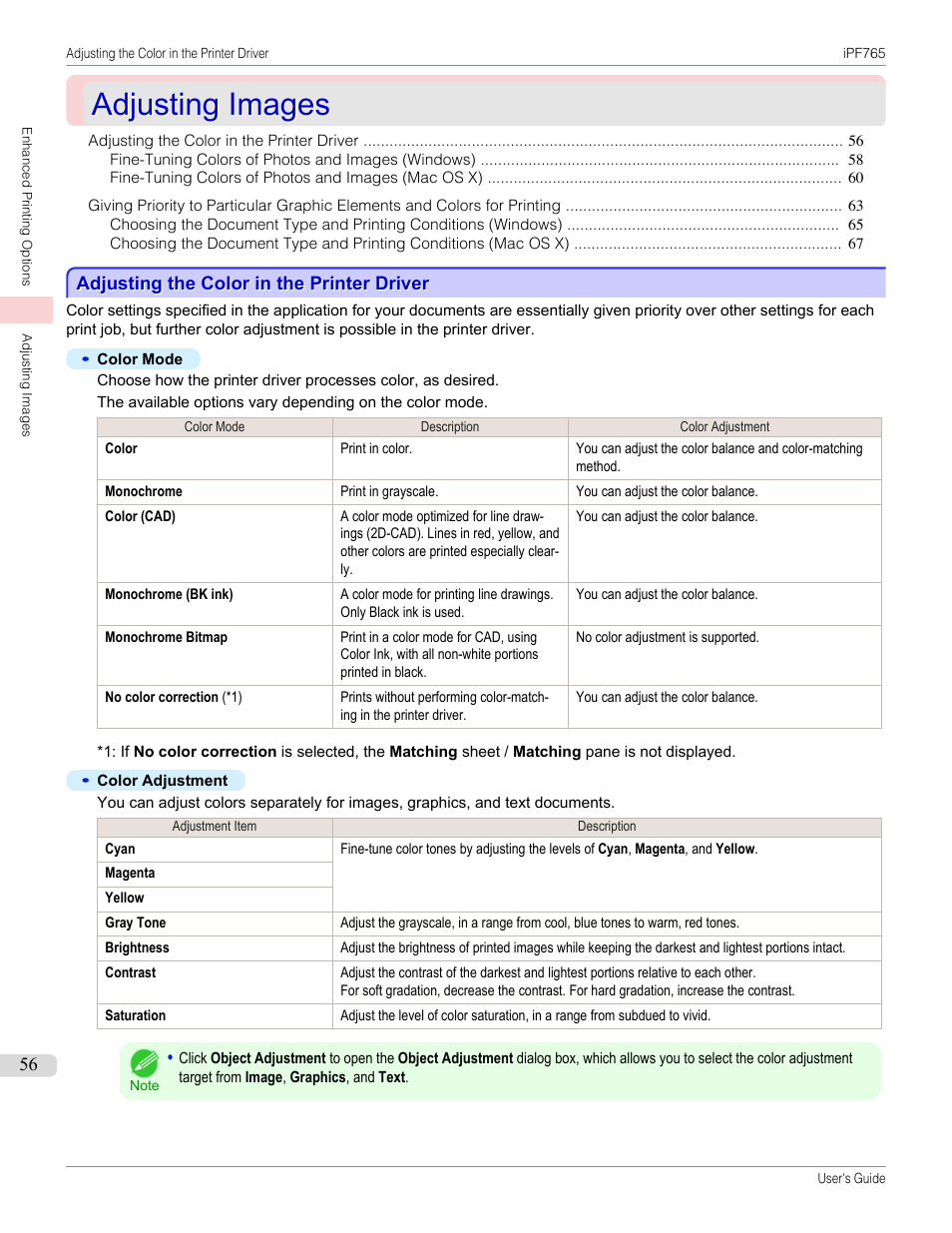 Adjusting images, Adjusting the color in the printer driver | Canon imagePROGRAF iPF765 MFP M40 User Manual | Page 56 / 740