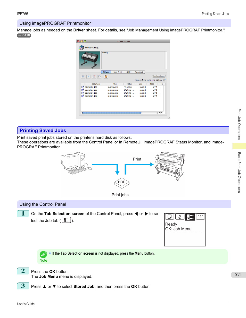 Printing saved jobs | Canon imagePROGRAF iPF765 MFP M40 User Manual | Page 571 / 740