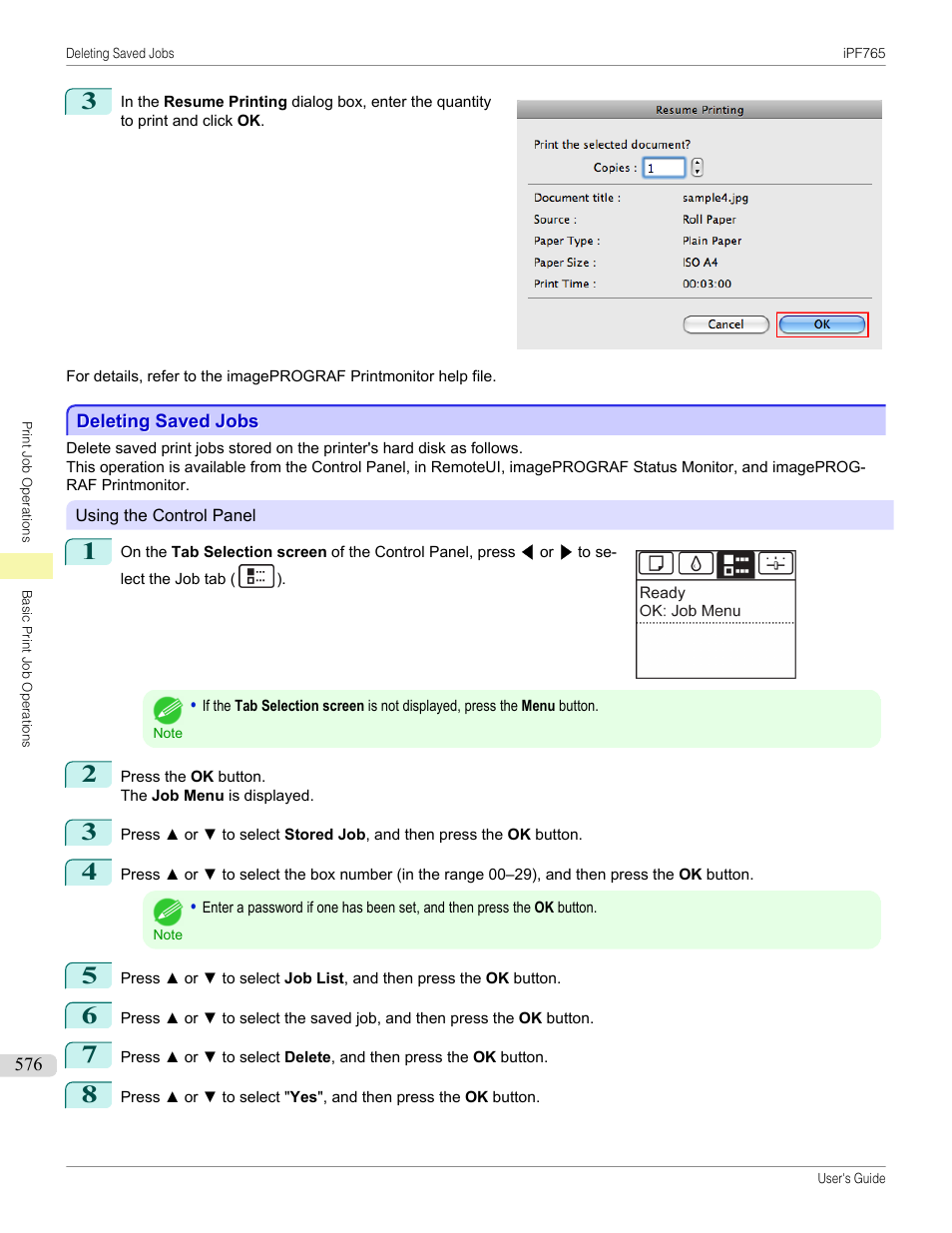Deleting saved jobs | Canon imagePROGRAF iPF765 MFP M40 User Manual | Page 576 / 740