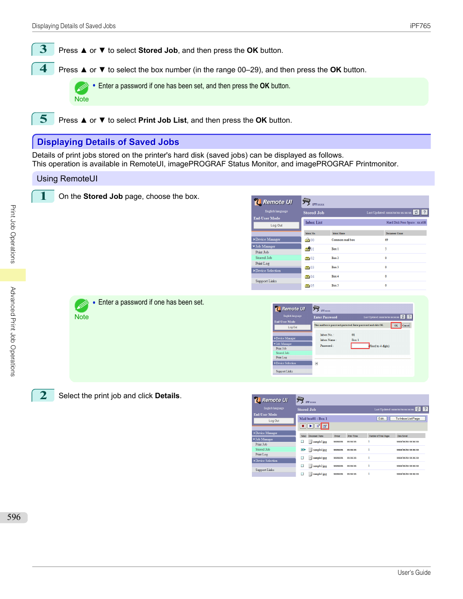 Displaying details of saved jobs | Canon imagePROGRAF iPF765 MFP M40 User Manual | Page 596 / 740