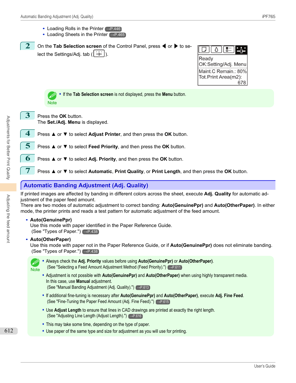 Automatic banding adjustment (adj. quality), P.612 | Canon imagePROGRAF iPF765 MFP M40 User Manual | Page 612 / 740