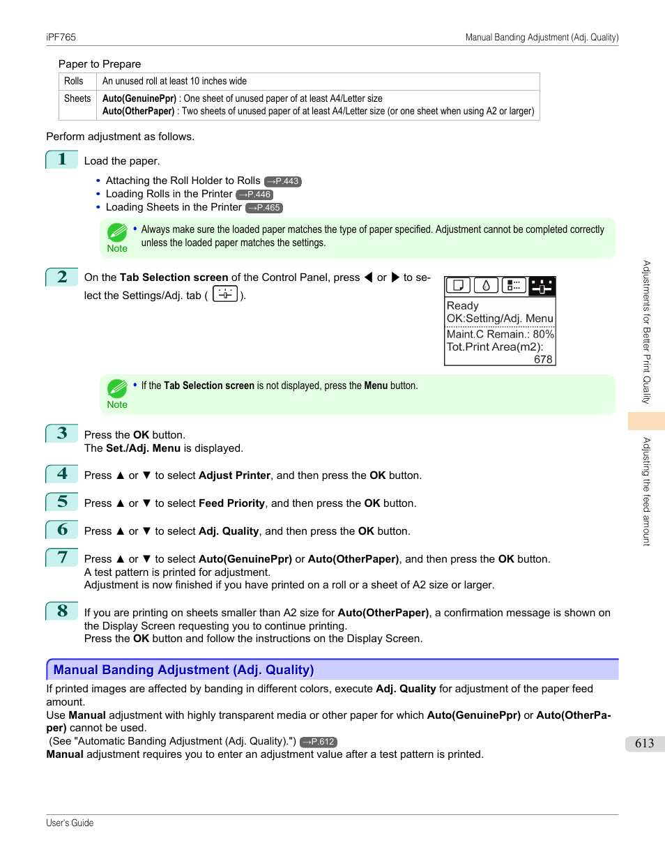 Manual banding adjustment (adj. quality), See "manual banding adjustment (adj. quality)."), P.613 | Canon imagePROGRAF iPF765 MFP M40 User Manual | Page 613 / 740