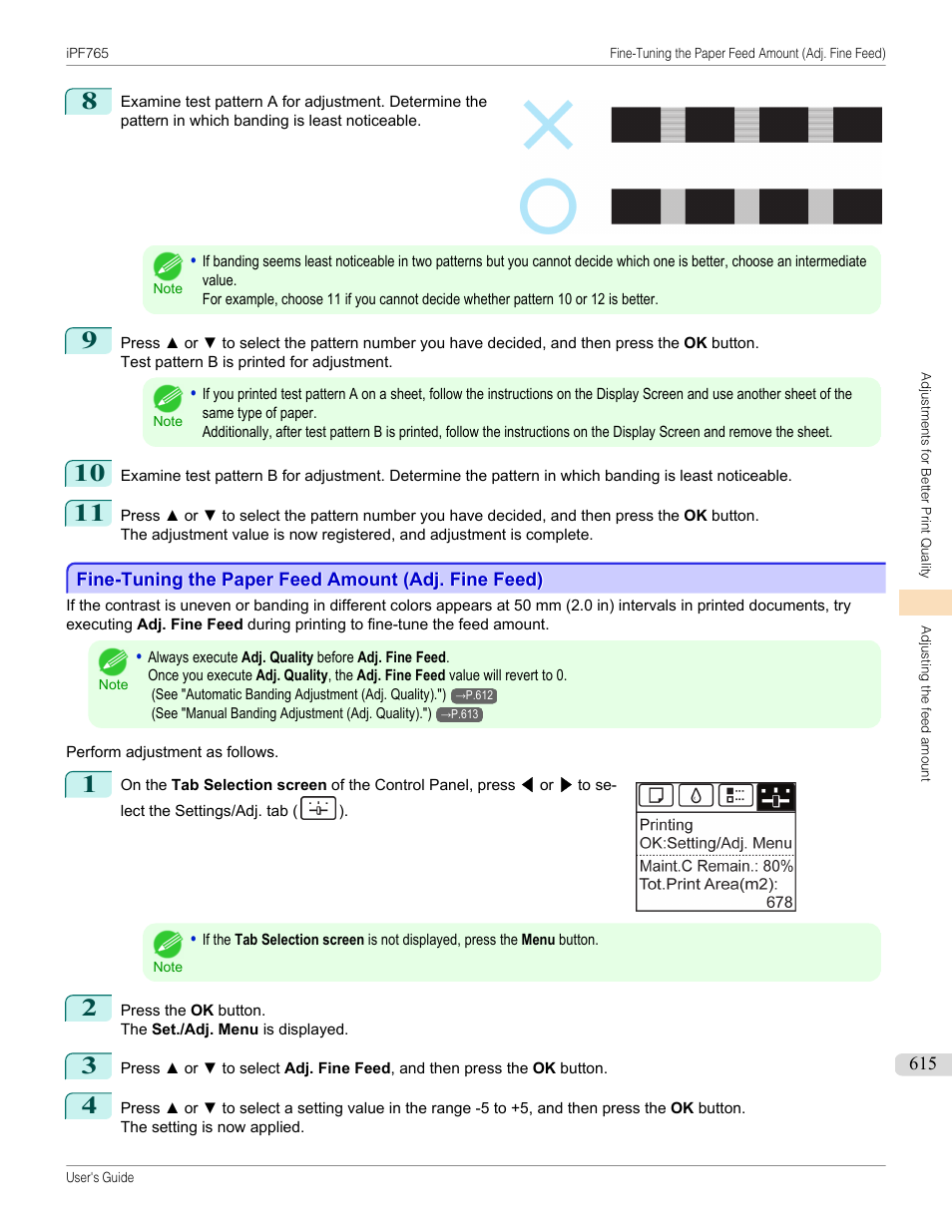Fine-tuning the paper feed amount (adj. fine feed), P.615 | Canon imagePROGRAF iPF765 MFP M40 User Manual | Page 615 / 740