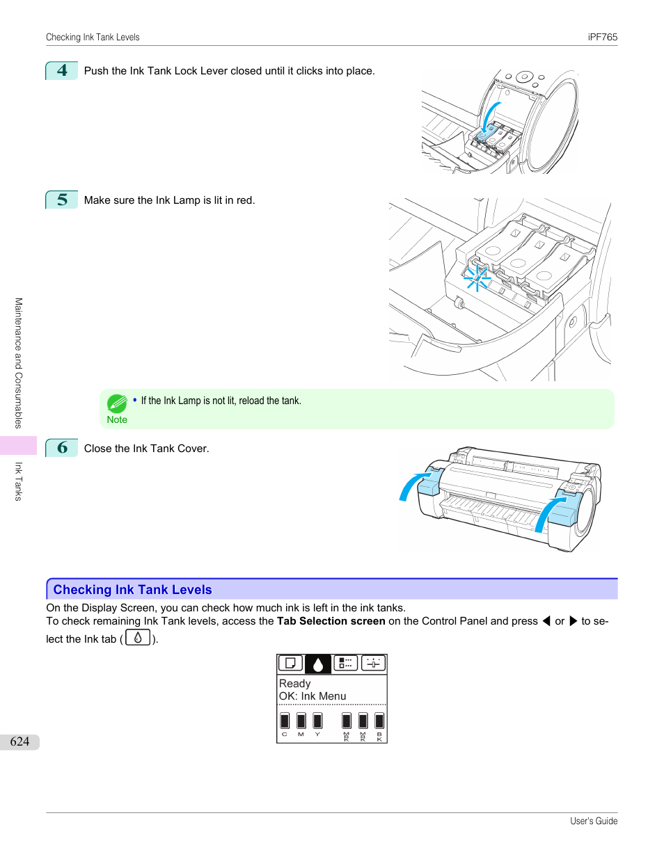 Checking ink tank levels, See "checking ink tank levels."), P.624 | Canon imagePROGRAF iPF765 MFP M40 User Manual | Page 624 / 740