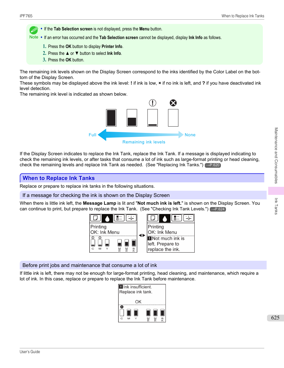 When to replace ink tanks | Canon imagePROGRAF iPF765 MFP M40 User Manual | Page 625 / 740