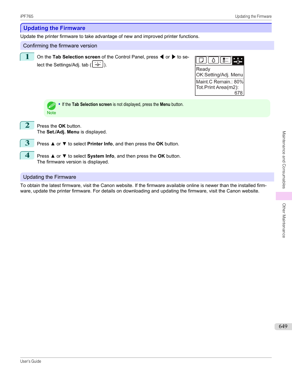 Updating the firmware | Canon imagePROGRAF iPF765 MFP M40 User Manual | Page 649 / 740