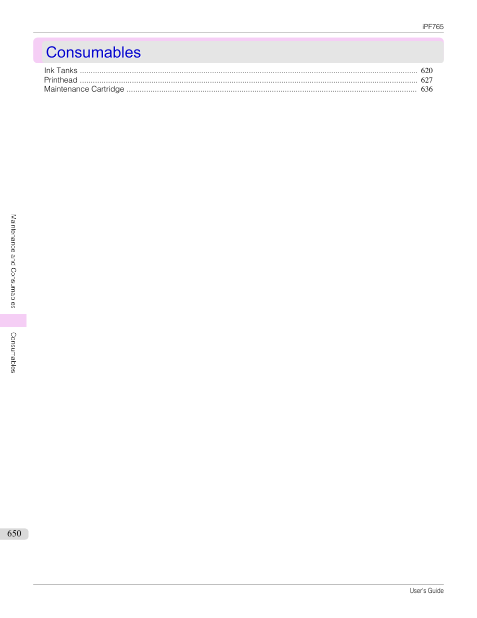 Consumables | Canon imagePROGRAF iPF765 MFP M40 User Manual | Page 650 / 740