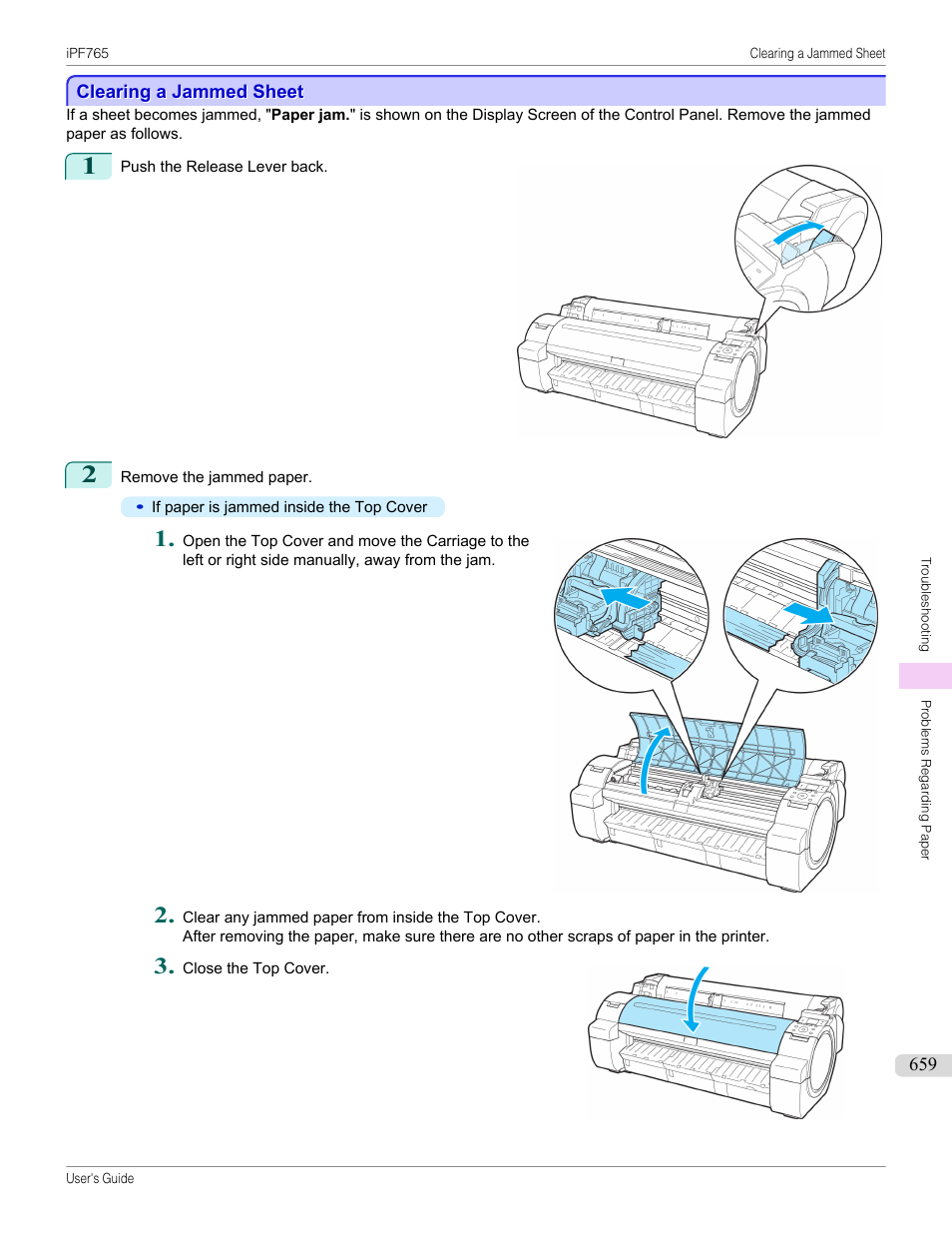 Clearing a jammed sheet | Canon imagePROGRAF iPF765 MFP M40 User Manual | Page 659 / 740