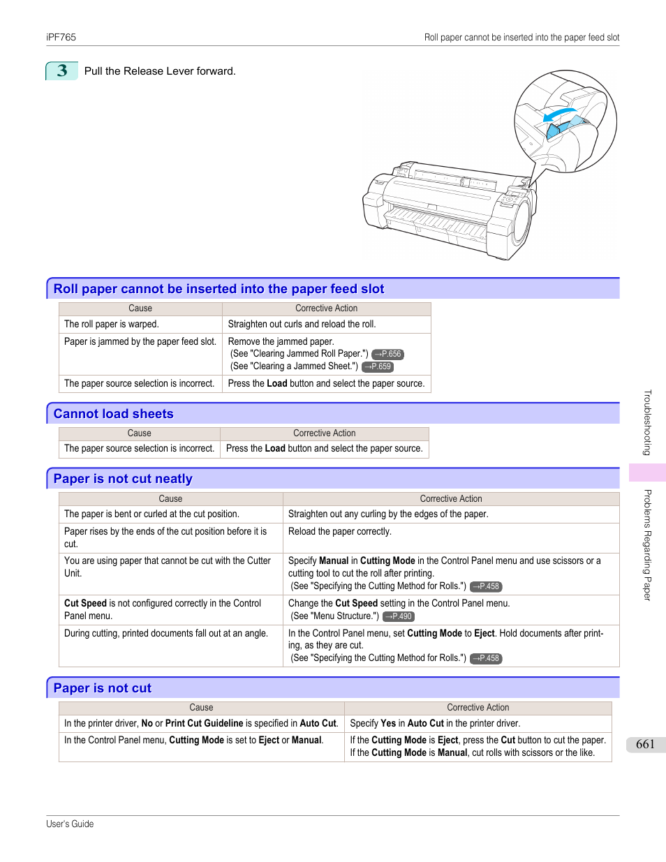 Cannot load sheets, Paper is not cut neatly, Paper is not cut | Cannot load sheets paper is not cut neatly | Canon imagePROGRAF iPF765 MFP M40 User Manual | Page 661 / 740