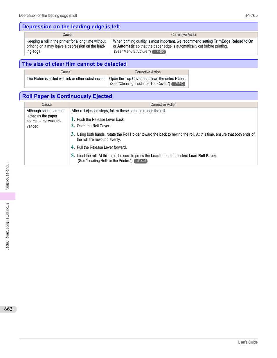 Depression on the leading edge is left, The size of clear film cannot be detected, Roll paper is continuously ejected | Canon imagePROGRAF iPF765 MFP M40 User Manual | Page 662 / 740