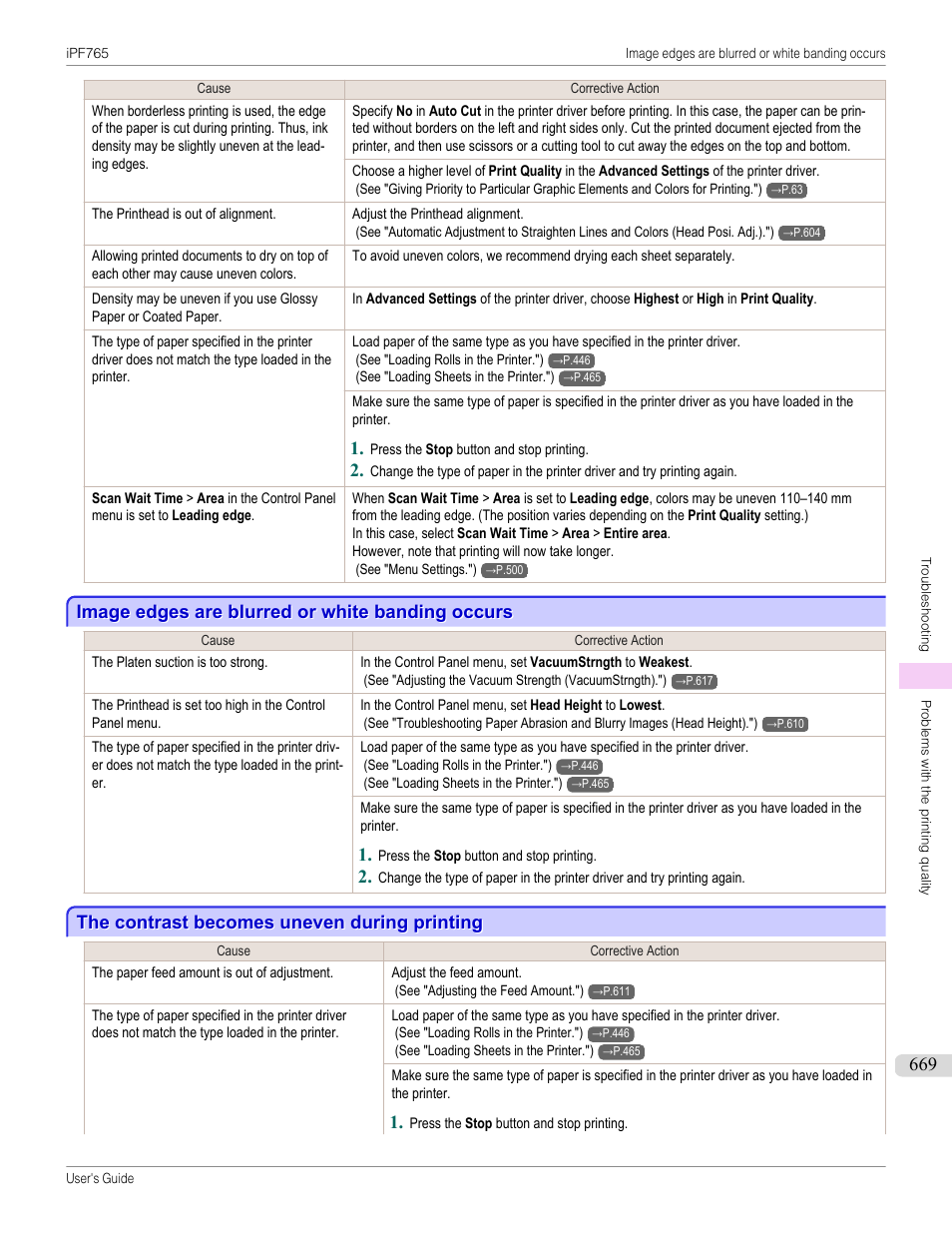Image edges are blurred or white banding occurs, The contrast becomes uneven during printing, P.669 | Canon imagePROGRAF iPF765 MFP M40 User Manual | Page 669 / 740