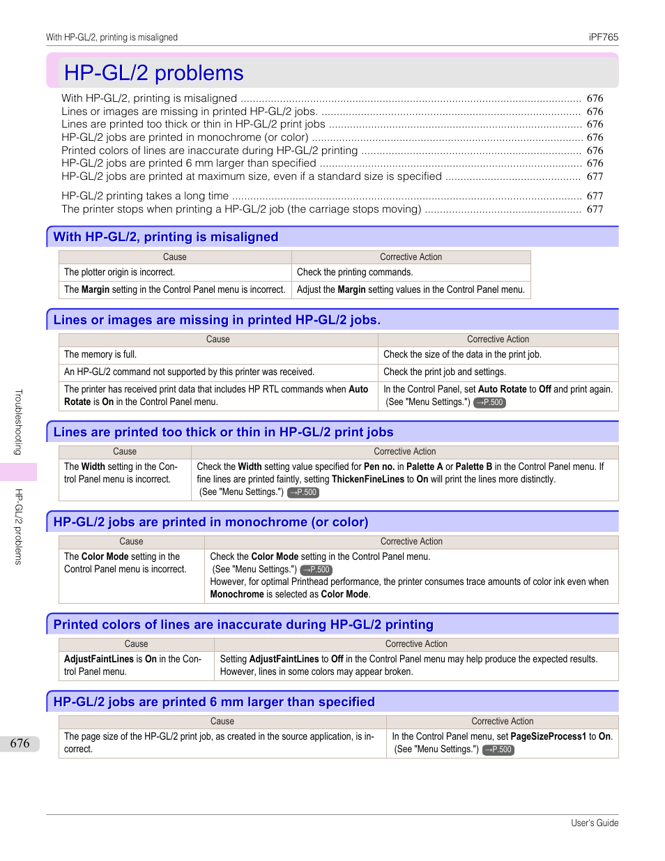 Hp-gl/2 problems, With hp-gl/2, printing is misaligned, Hp-gl/2 jobs are printed in monochrome (or color) | Canon imagePROGRAF iPF765 MFP M40 User Manual | Page 676 / 740