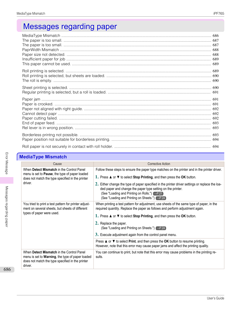 Messages regarding paper, Mediatype mismatch | Canon imagePROGRAF iPF765 MFP M40 User Manual | Page 686 / 740