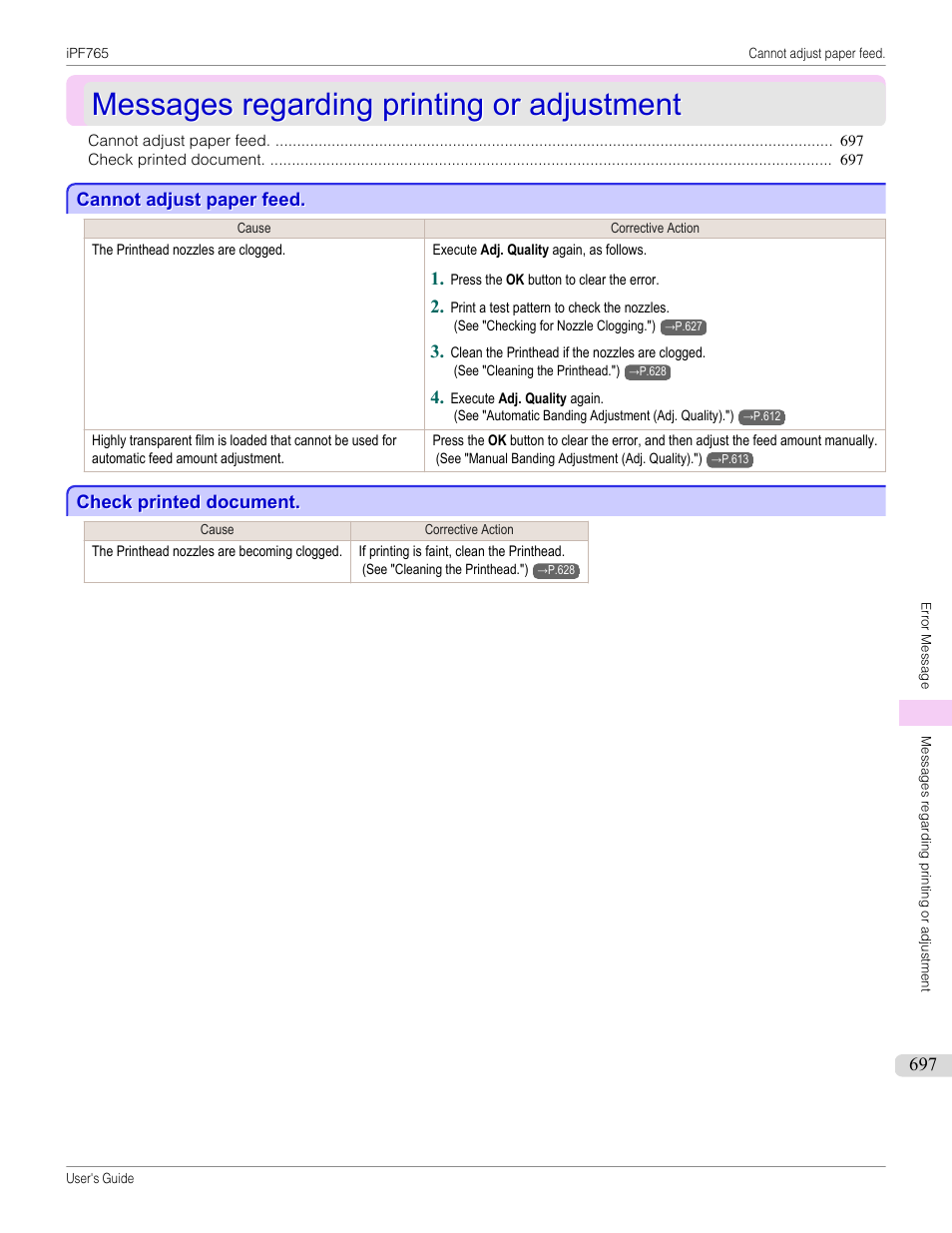 Messages regarding printing or adjustment, Cannot adjust paper feed, Check printed document | Cannot adjust paper feed check printed document | Canon imagePROGRAF iPF765 MFP M40 User Manual | Page 697 / 740