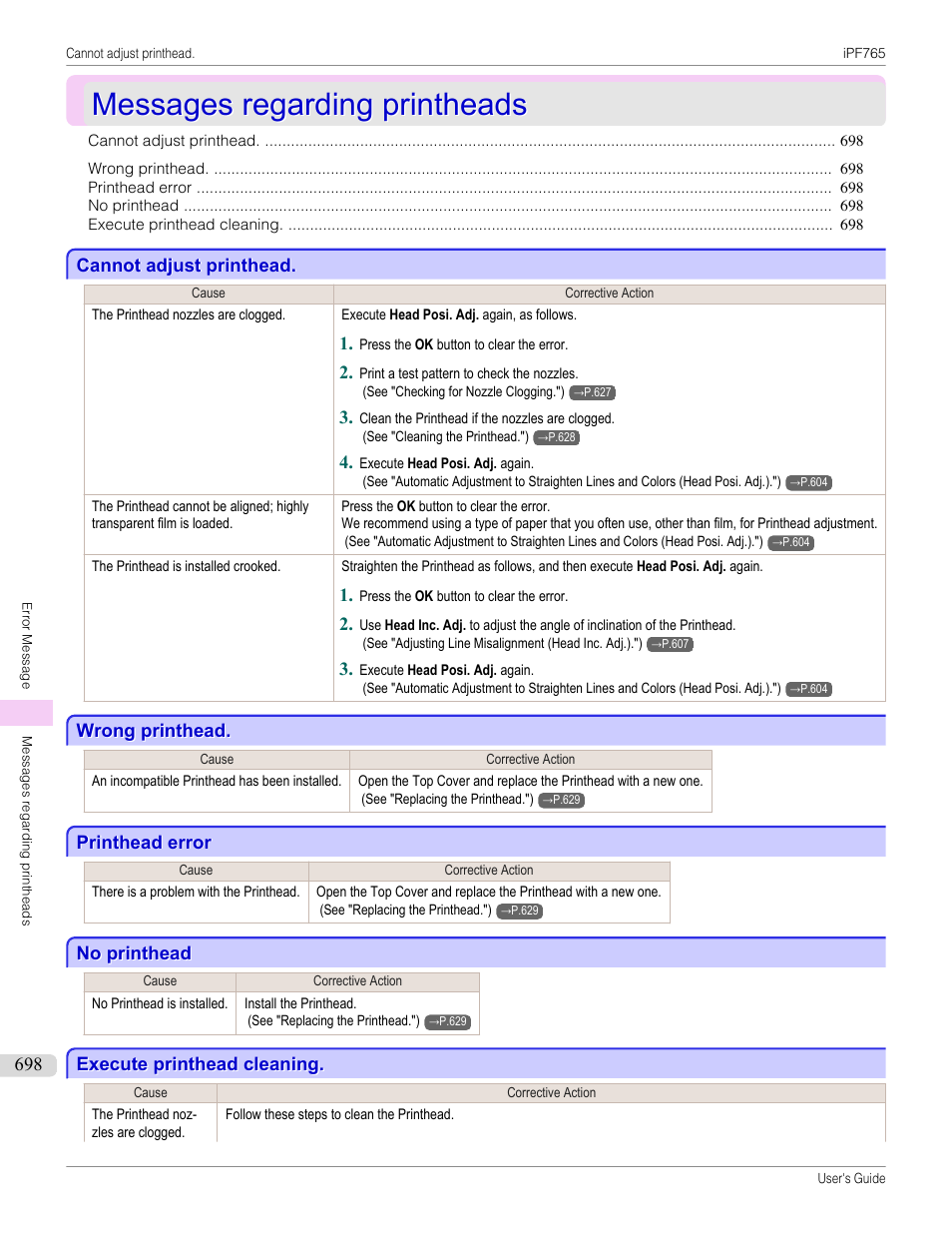 Messages regarding printheads, Cannot adjust printhead, Wrong printhead | Printhead error, No printhead, Execute printhead cleaning | Canon imagePROGRAF iPF765 MFP M40 User Manual | Page 698 / 740