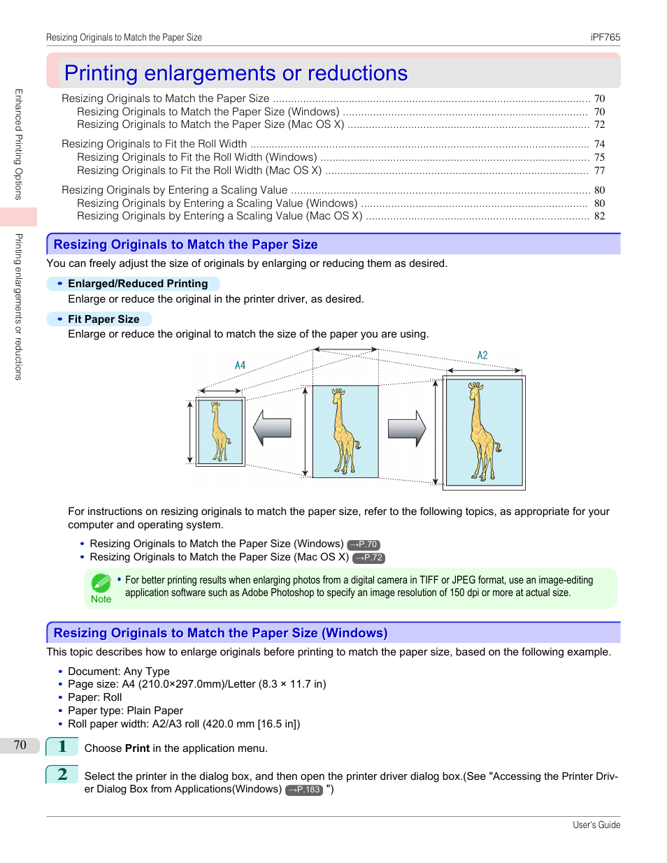 Printing enlargements or reductions, Resizing originals to match the paper size, See "resizing originals to match the paper size.") | P.70 | Canon imagePROGRAF iPF765 MFP M40 User Manual | Page 70 / 740