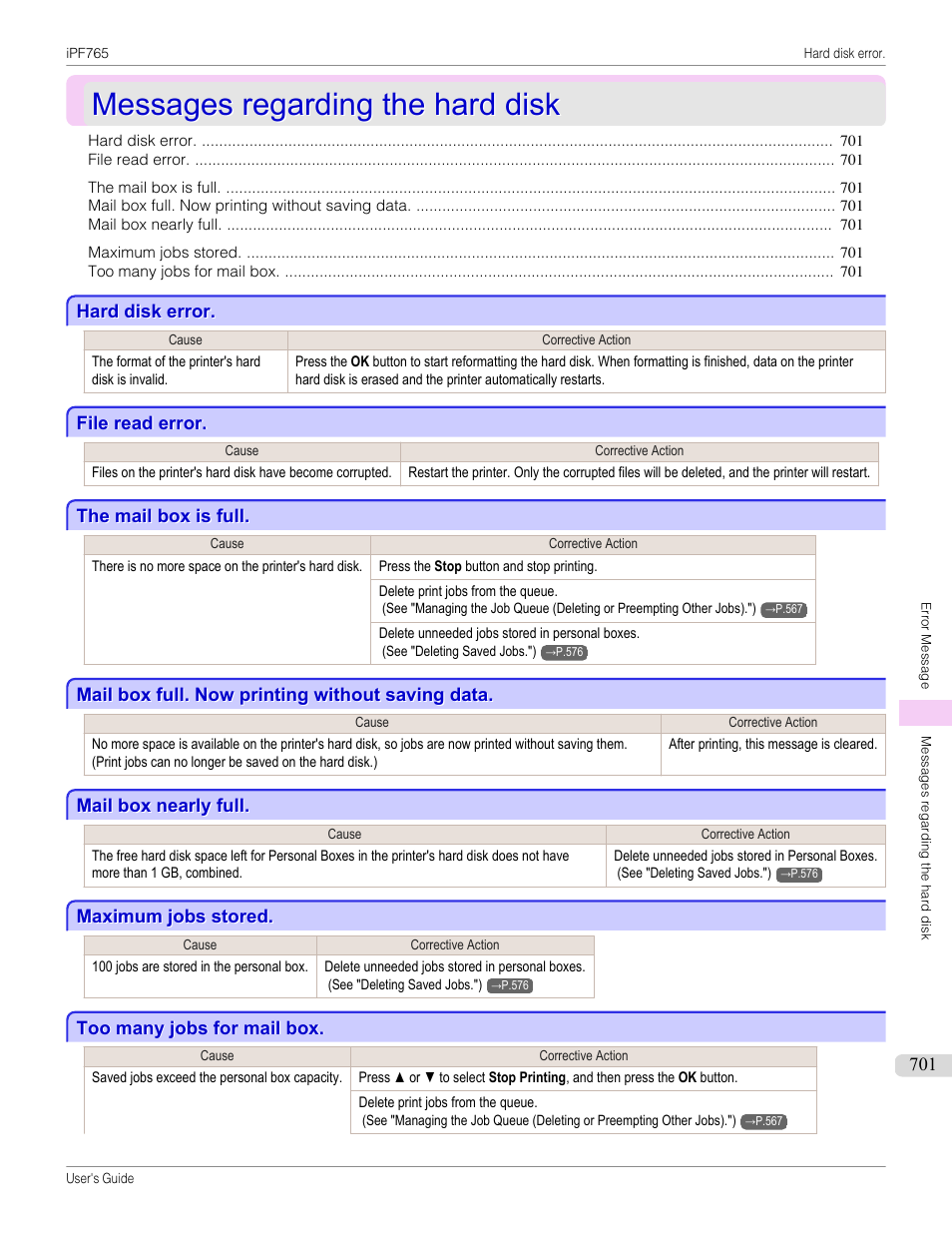 Messages regarding the hard disk, Hard disk error, File read error | The mail box is full, Mail box full. now printing without saving data, Mail box nearly full, Maximum jobs stored, Too many jobs for mail box | Canon imagePROGRAF iPF765 MFP M40 User Manual | Page 701 / 740