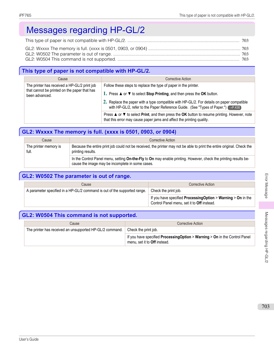 Messages regarding hp-gl/2, This type of paper is not compatible with hp-gl/2, Gl2: w0502 the parameter is out of range | Gl2: w0504 this command is not supported | Canon imagePROGRAF iPF765 MFP M40 User Manual | Page 703 / 740