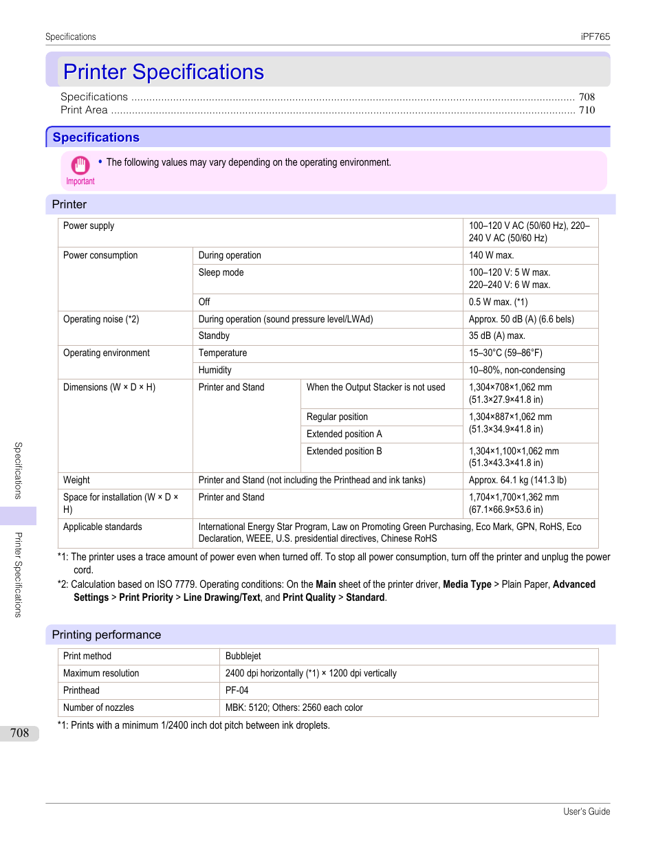 Printer specifications, Specifications, See "specifications.") | P.708 | Canon imagePROGRAF iPF765 MFP M40 User Manual | Page 708 / 740