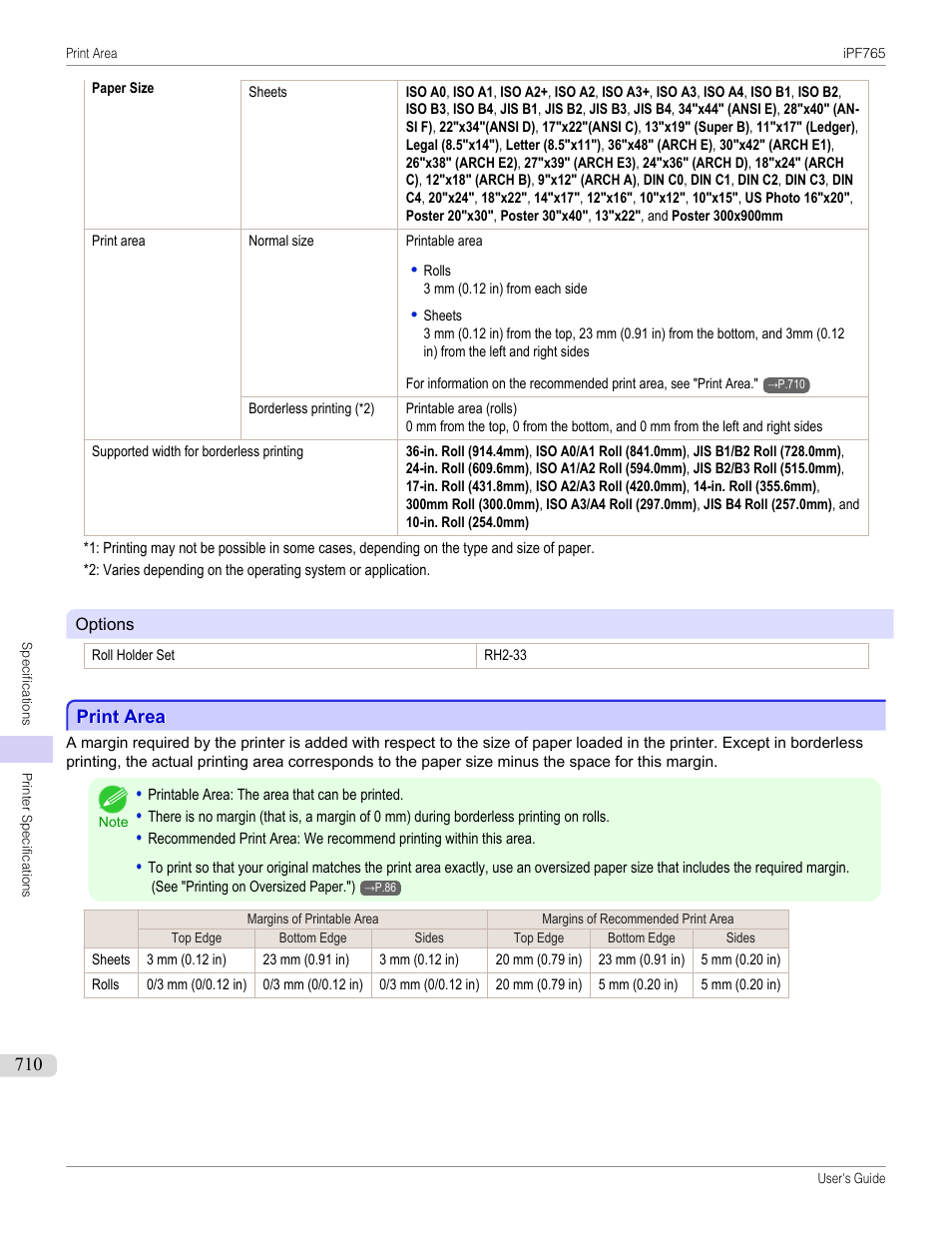 Print area, Margin (see "print area, P.710 | Canon imagePROGRAF iPF765 MFP M40 User Manual | Page 710 / 740