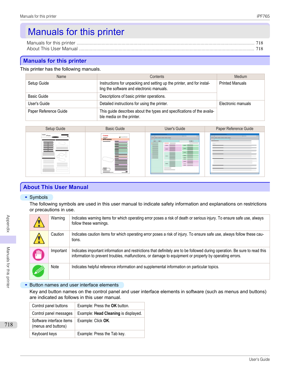 Manuals for this printer, About this user manual, Manuals for this printer about this user manual | Canon imagePROGRAF iPF765 MFP M40 User Manual | Page 718 / 740