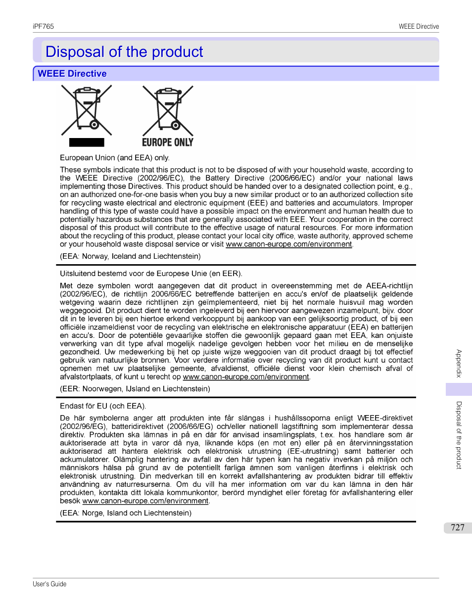 Disposal of the product, Weee directive | Canon imagePROGRAF iPF765 MFP M40 User Manual | Page 727 / 740