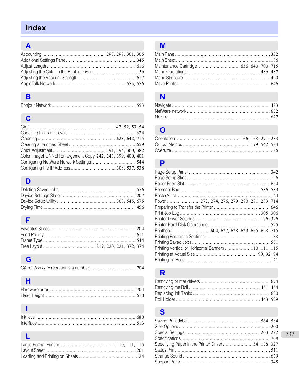 Index | Canon imagePROGRAF iPF765 MFP M40 User Manual | Page 737 / 740