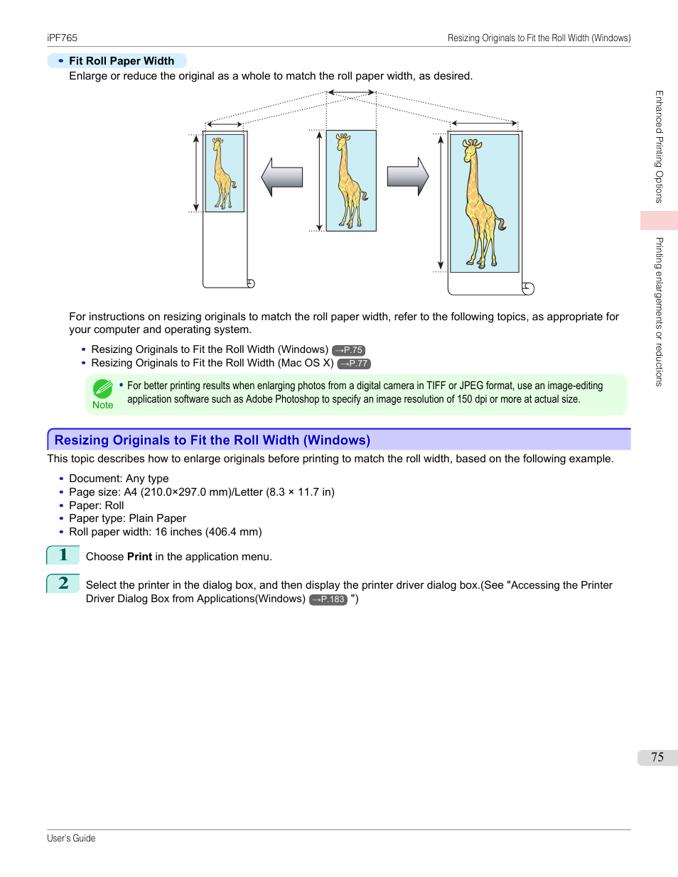 Resizing originals to fit the roll width (windows) | Canon imagePROGRAF iPF765 MFP M40 User Manual | Page 75 / 740